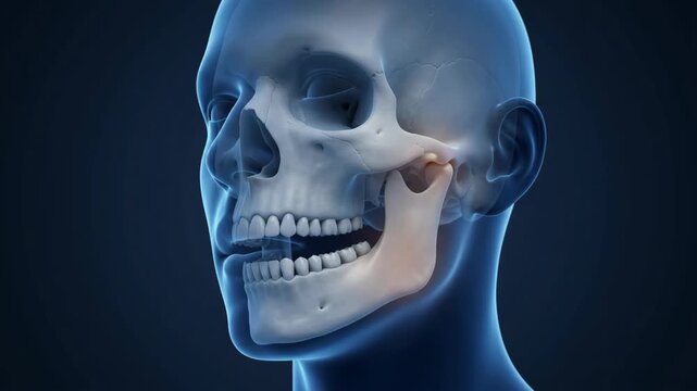 Human skull animation showing jaw movement and tmj joint pain area