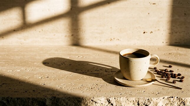 Ceramic Coffee Cup Resting on a Rough Stone Surface During a Sunny Afternoon