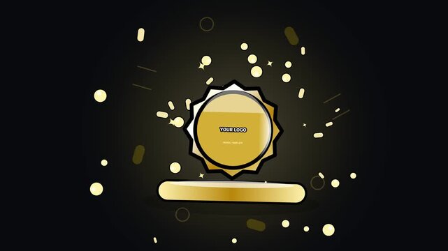 Elegant golden logo reveal template with glowing badge on a podium and floating gold particles in dark background
