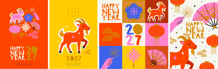 Obraz premium 2027. Year of the Goat. Happy New Year! Vector cute illustrations of goat, fan, sparklers in hand, Chinese lanterns and festive elements for greeting card, poster, background and flyer 