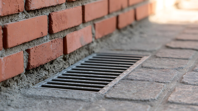 Metal floor vent grate installed near red brick wall on stone paved outdoor patio surface, close up architectural detail photograph