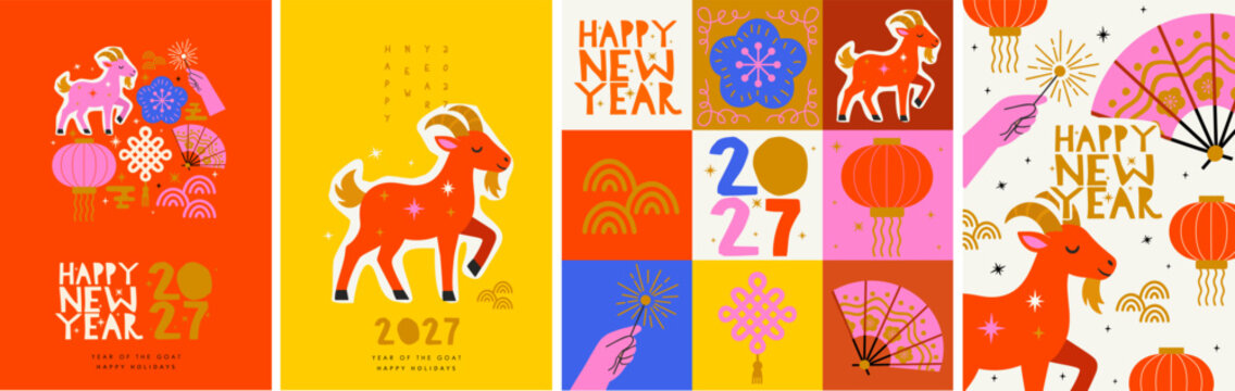 2027. Year of the Goat. Happy New Year! Vector cute illustrations of goat, fan, sparklers in hand, Chinese lanterns and festive elements for greeting card, poster, background and flyer	
