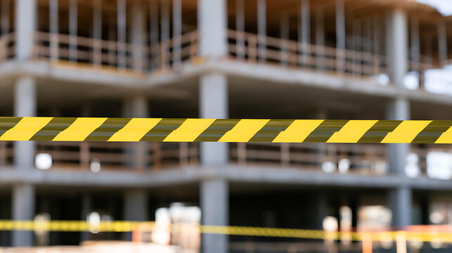 Yellow caution tape banner in front of a modern concrete building under construction with blurred background and industrial danger zone theme