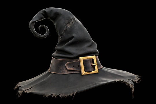 Tattered black witch hat with curled tip, frayed brim and rustic brass buckle, Halloween accessory on black background