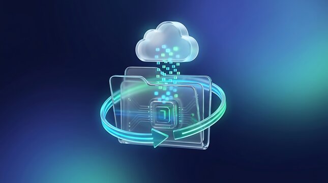 Digital cloud storage folder with data transfer icon on a dark blue background