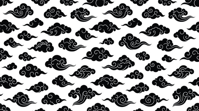 Japanese traditional cloud seamless pattern, oriental black and white asian cloud background vector EPS, ornate oriental wallpaper texture