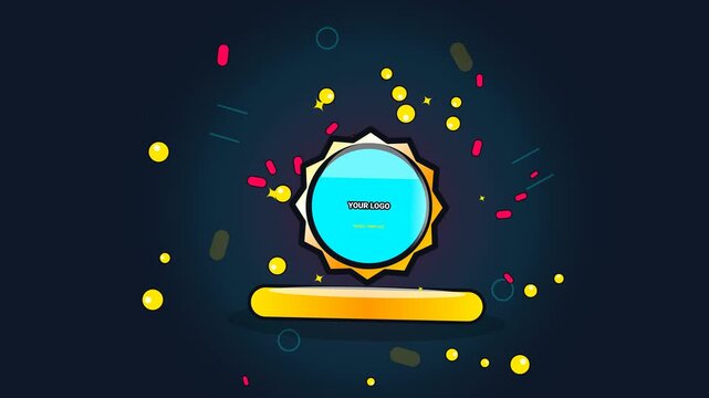 Colorful 2D animated logo reveal template with dynamic popping particles and a central badge design on a dark background for brand identity presentation