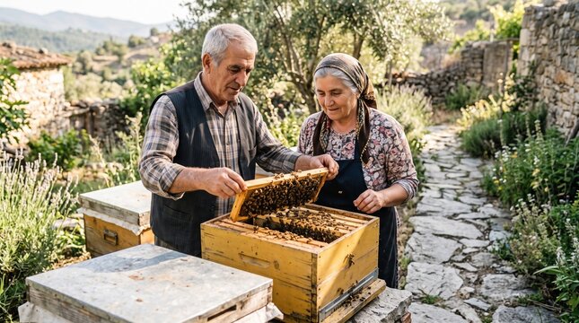 Older adults share authentic moments of purposeful living. Two senior beekeepers work together outdoors in a sunny apiary carefully inspecting frames from a beehive.