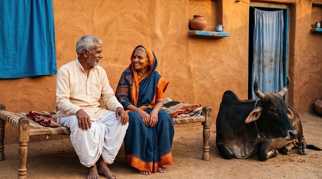 Older adults share authentic moments of purposeful living. A senior couple relaxes outdoors sitting on a wooden bench near a dark resting cow in a rustic village.