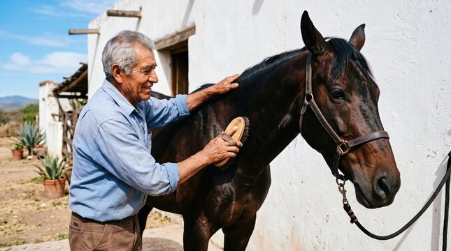 Older adults share authentic moments of purposeful living. A senior man stands outdoors affectionately grooming the mane of a dark horse.