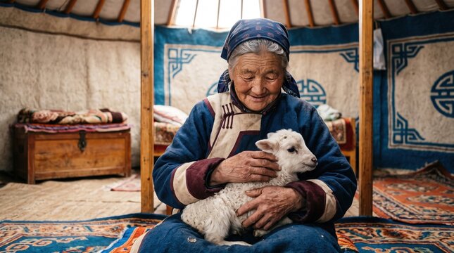 Older adults share authentic moments of purposeful living. An elderly Mongolian woman wearing traditional attire sits inside a yurt tenderly cradling a small baby lamb.
