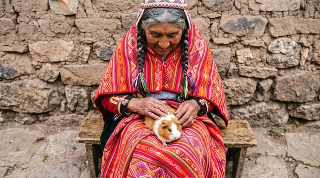 Older adults share authentic moments of purposeful living. An elderly woman wearing bright traditional textiles sits outdoors gently holding and petting a guinea pig.