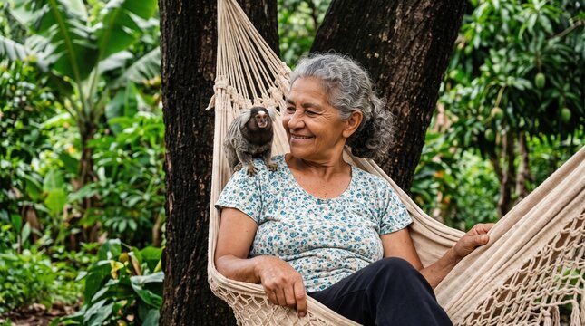 Older adults share authentic moments of purposeful living. A cheerful senior woman relaxes outdoors sitting comfortably in a woven hammock.