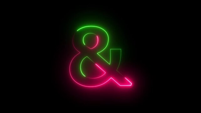Animated neon ampersand symbol. Glowing Font - And Symbol, animated  neon green nd red  alphabet symbol on black background 4k video.
