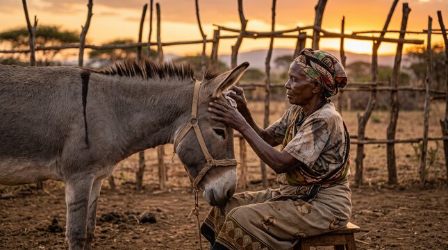 Older adults share authentic moments of purposeful living. A senior woman outdoors tenderly cleans the ears of a resting grey donkey.