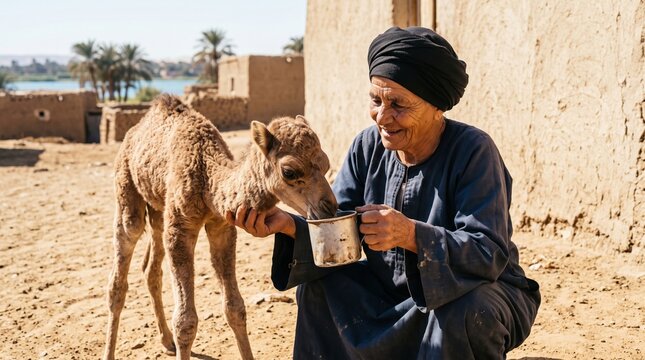 Older adults share authentic moments of purposeful living. An elderly person in a rustic setting gently offers water to a young camel.