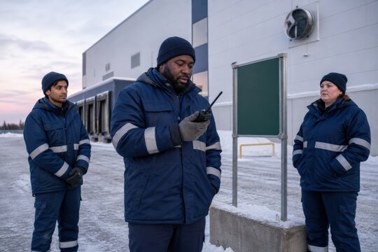 Cold storage ammonia leak drill assembly with a radio check at a muster point