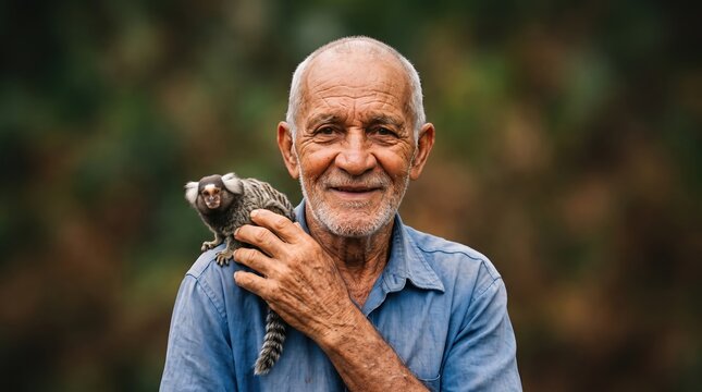 Older adults share authentic moments of purposeful living. A smiling elderly man gently holds and pets a small marmoset monkey outdoors.