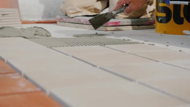 Professional floor tiler spreading thinset mortar adhesive on concrete base to install ceramic tiles in residential construction site.