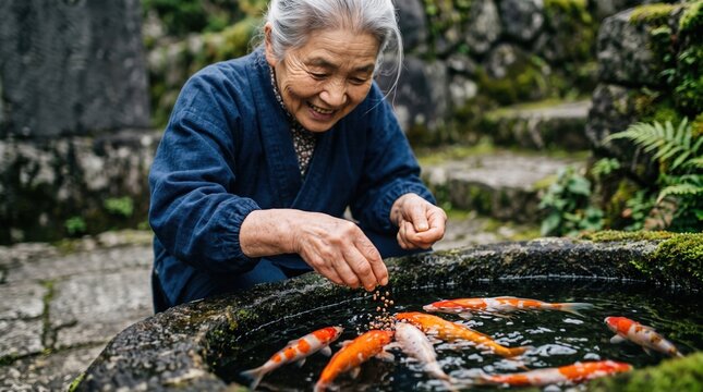 Older adults share authentic moments of purposeful living. A senior woman leans over a scenic outdoor pond scattering food to vibrant koi fish.