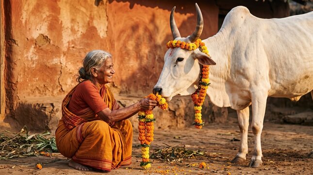 Older adults share authentic moments of purposeful living. An elderly woman sits in a rustic yard gently feeding a large white zebu bull.