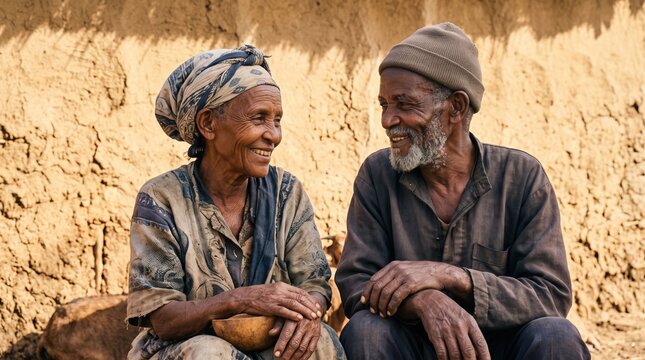 Older adults share authentic moments of purposeful living. Two elderly people sit together outdoors resting peacefully with a herd of goats.