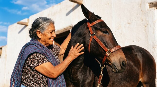 Older adults share authentic moments of purposeful living. A cheerful senior woman lovingly strokes the head of a dark mule in a rural courtyard.