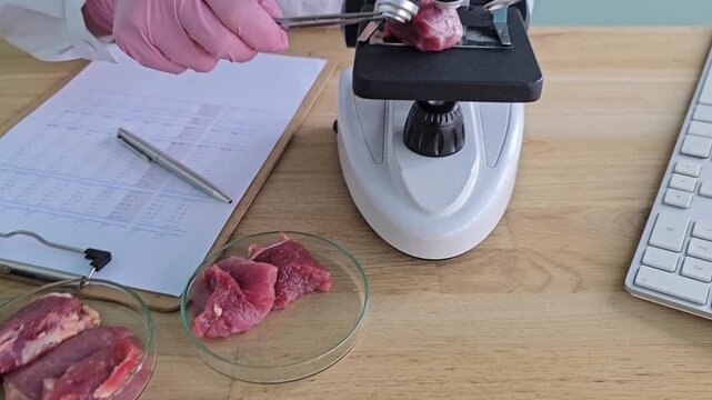 Microscope examination of meat samples in a laboratory setting