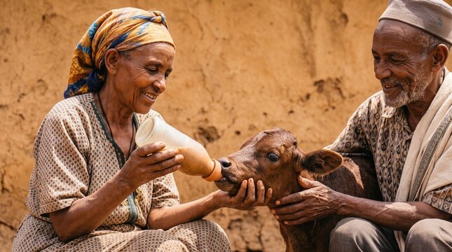 Older adults share authentic moments of purposeful living. An elderly couple smiles joyfully while bottle-feeding a young brown calf outdoors.