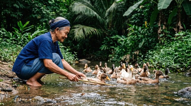 Older adults share authentic moments of purposeful living. An elderly man squats by a stream carefully tending to a flock of white ducks.