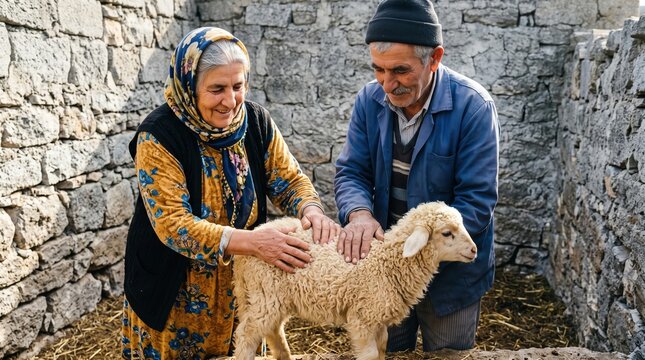 Older adults share authentic moments of purposeful living. A senior couple stands outdoors near a stone wall attentively checking a white sheep.