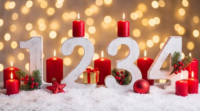 Erster Advent Kerzen mit Zahlen dekoriert weihnachten Aventszeit schnee holz hintergrund lichter bokeh / first
