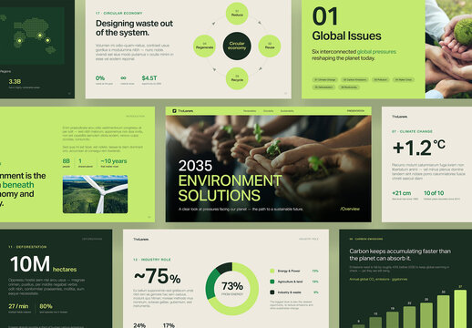 Sustainability Presentation Template, Environmental Slide Deck for ESG & CSR Reports, Circular Economy & Climate Action with Charts and Infographics