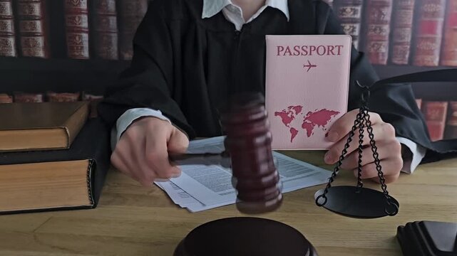 Court session with a judge holding a passport and gavel at a desk with books