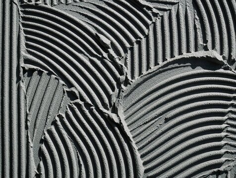Close up of gray cement glue on floor. Notched trowel creates parallel ridges, wavy patterns in thick mortar. Construction site texture shows wet adhesive surface for tiling stone installation during