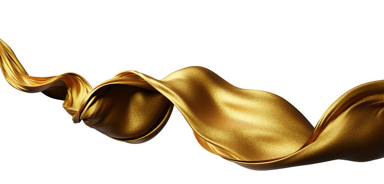 Luxury gold metallic glitter fabric ribbon flowing isolated on transparent background with copy space 3D render