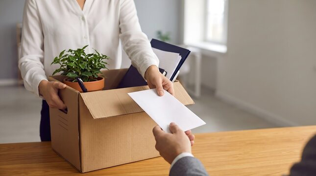 Employee holding a cardboard box of personal belongings receiving a final severance envelope with job termination severance package office layoff losing job business office