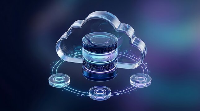 Glowing 3d cloud computing database icon with digital network connection lines