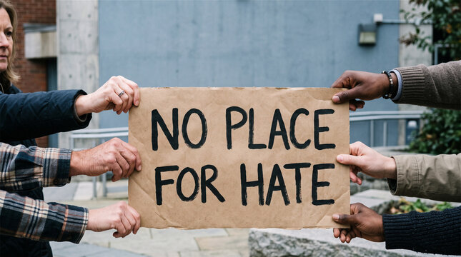 Cardboard sign with the words NO PLACE FOR HATE is held by a diverse group of people outdoors.