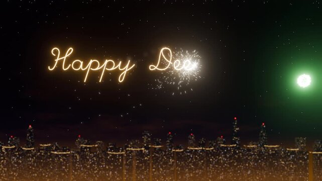 Happy Deepavali text in glowing golden neon letters shines over a night city skyline with colorful exploding fireworks in a digital 3D render