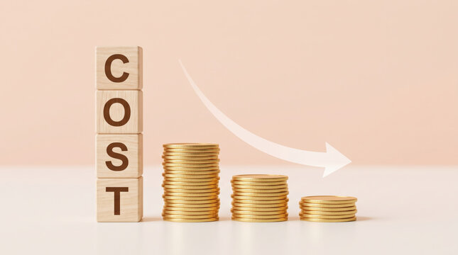 Coins stacked decrease beside cost blocks and descending arrow. Finance investment recession crisis. money budget saving expense, value reduction down decayed, risk loss