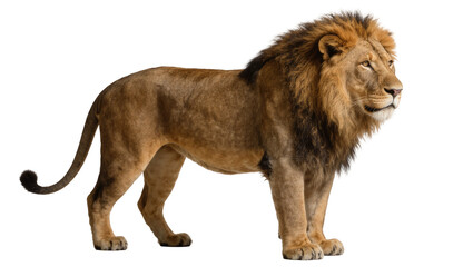 Majestic male lion with full mane standing profile, isolated on transparent background © studiox