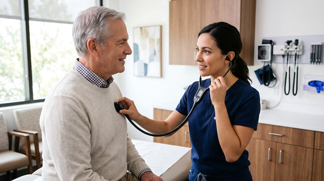 Female nurse in navy blue scrubs using a digital stethoscope to examine the chest of an elderly man in a clinic exam room
