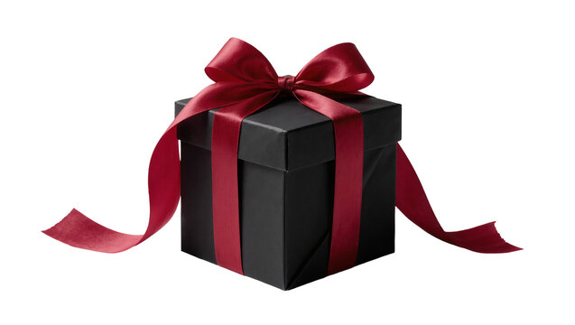 Black gift box with red satin ribbon bow, isolated on transparent background