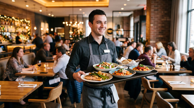 A smiling male waiter in a black shirt and grey apron carries a large rectangular tray with three plates of food through a busy, dimly lit restaurant dining room