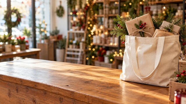 Reusable Canvas Shopping Tote Filled With Kraft Wrapped Christmas Gifts in Festive Local Store