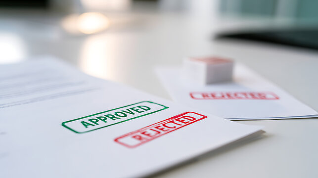 Business documents with approved and rejected rubber stamp impressions on a white desk in a corporate office environment for finance review