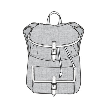 Ladies canvas backpacks flat sketch vector mockup template technical illustration.