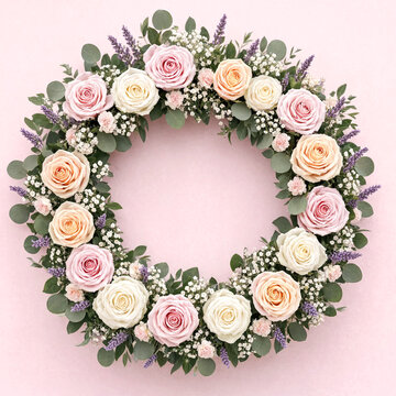 Beautiful floral wreath made of roses and greenery on pastel background