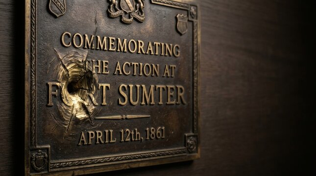 Historical bronze plaque commemorating the action at Fort Sumter with bullet hole damage